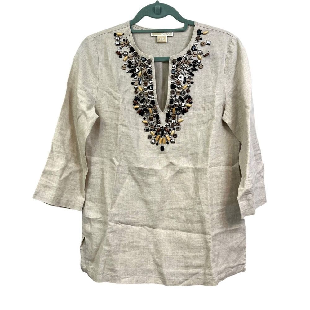 Michael Kors Womens Linen Tunic Blouse Embellished Beaded 3/4 Sleeve Beige Sz S*